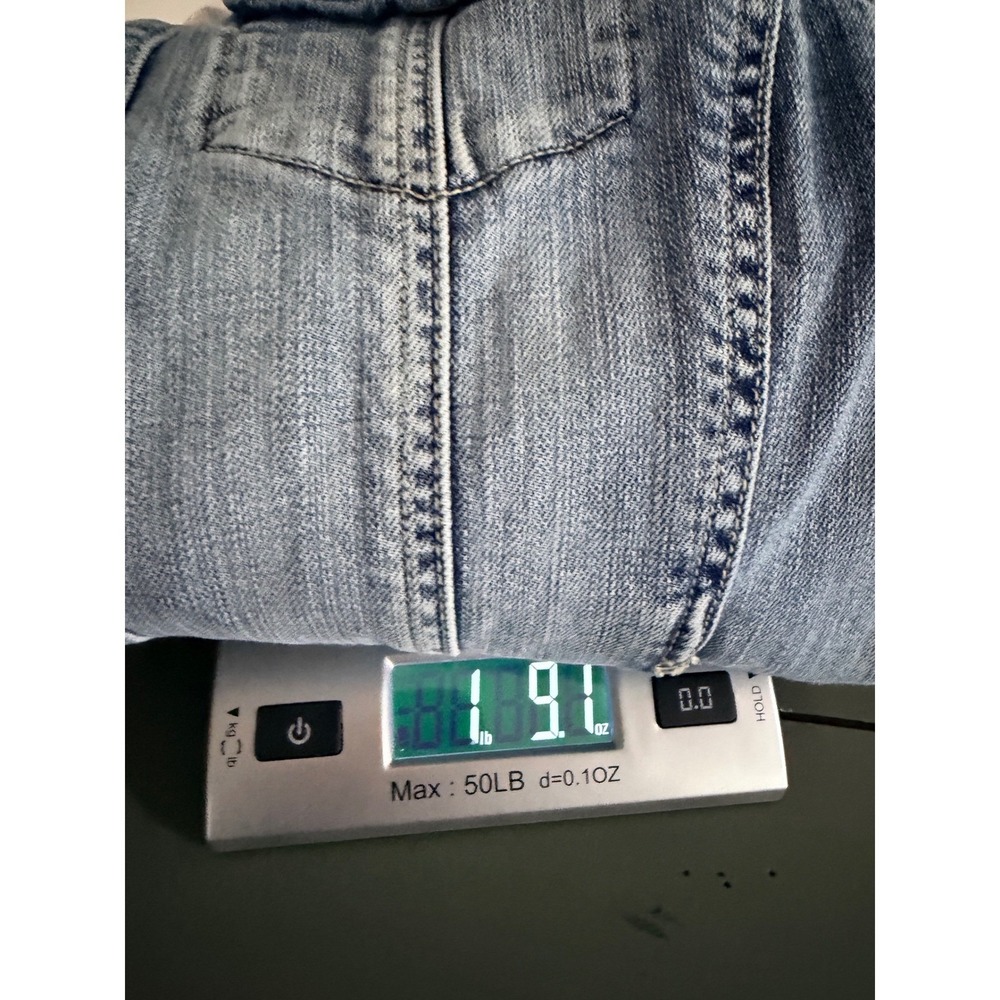 Chico's Platinum Ruffle Denim Jacket Rhinestone Light Wash Size 2 Large - Picture 16 of 16